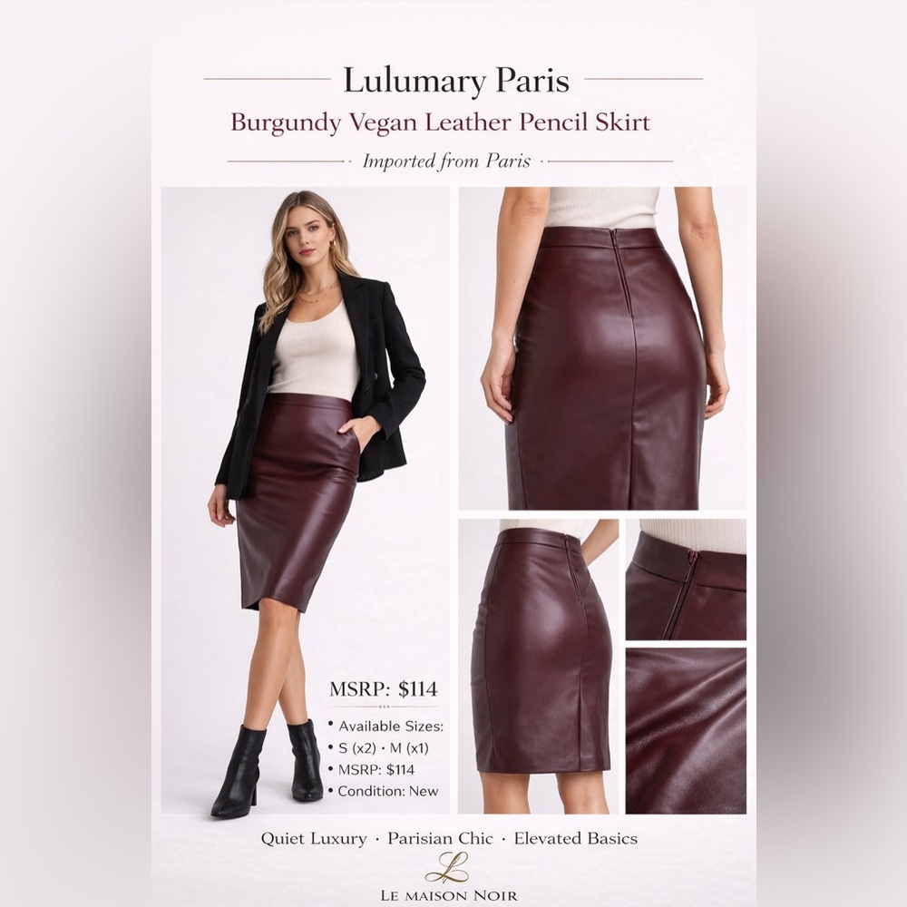 Burgundy Vegan Leather Pencil Skirt — Quiet Luxury — (Lulumary Paris) 🇫🇷